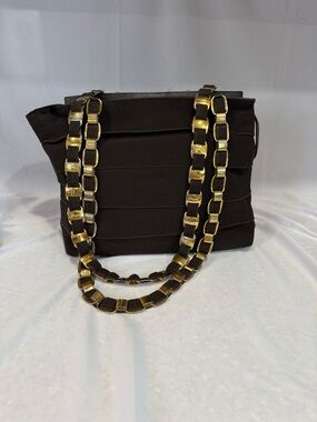 Salvatore Ferragamo Tiered Brown Grosgain Ribbon Shoulder Bag with gold Chain li